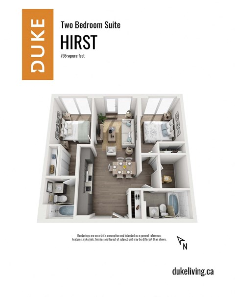 Floor plan for 2 beds, 2 baths